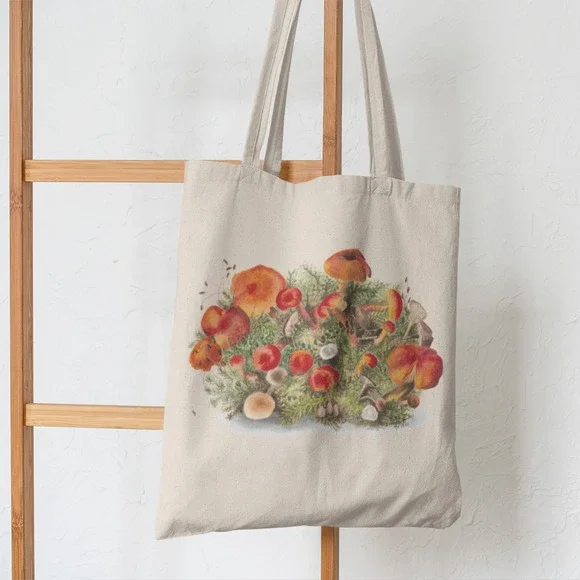 Orange Mushrooms Vintage Canvas Tote Bag - Picture 5 of 5